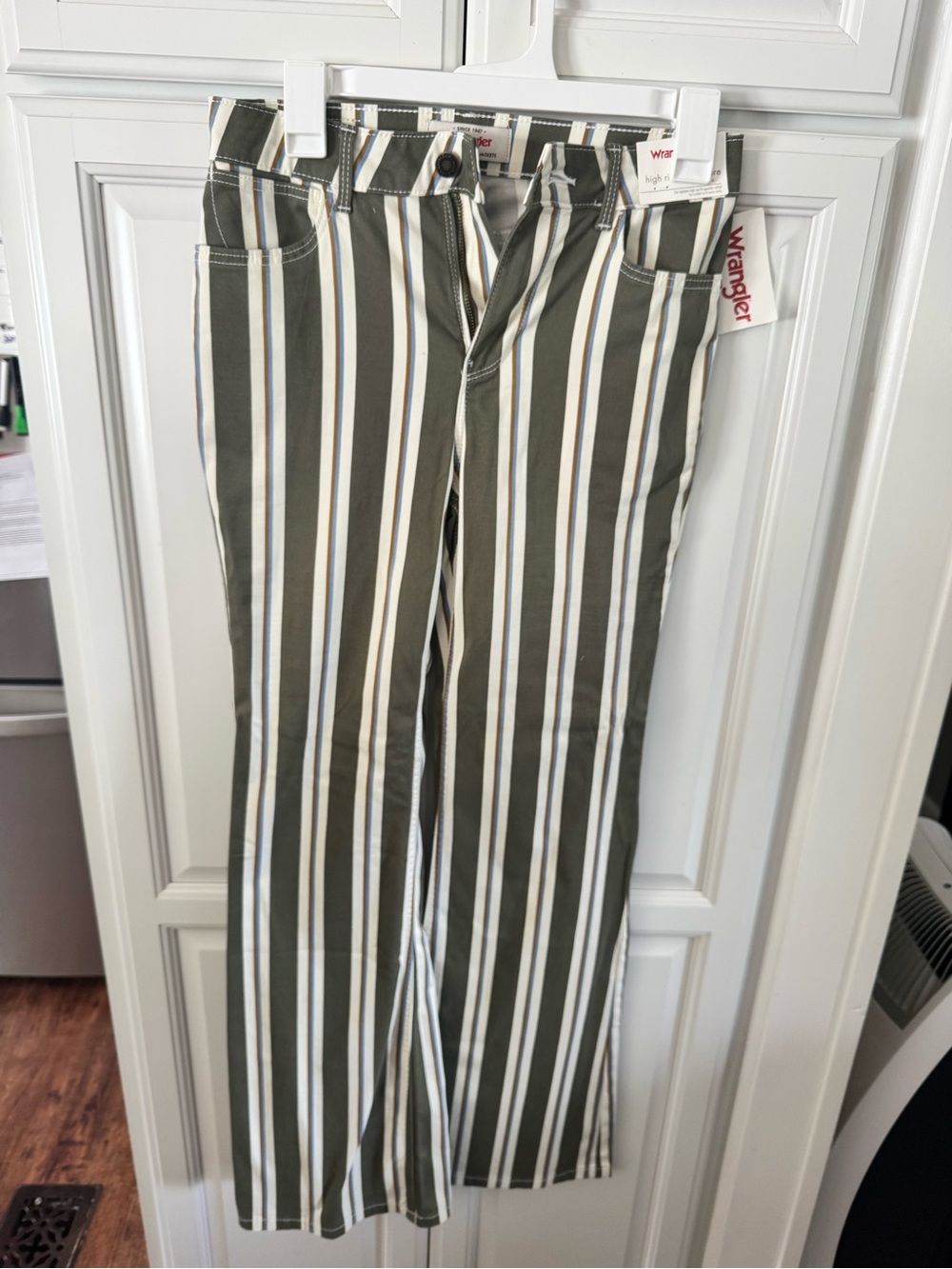 Wrangler Olive, White & Blue Striped High-Rise Flare Pants